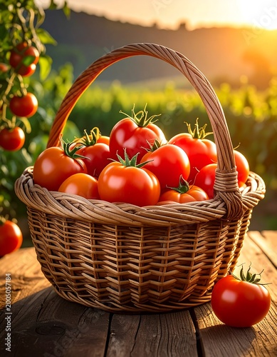 Basket overflowing with ripe red tomatoes at sunset