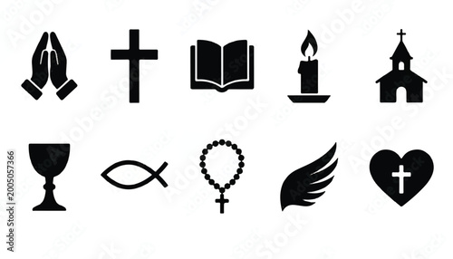 Christian symbols icon set with praying hands cross bible candle church chalice fish rosary wing and heart religious sign religious graphic