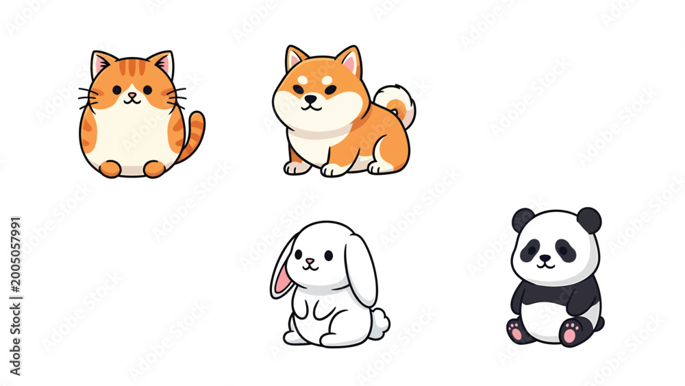 Naklejka premium Adorable cartoon illustrations of various animals including a fluffy cat, a shiba inu dog, a white bunny, and a baby panda.