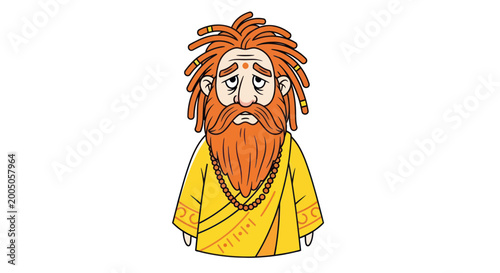 Photos Sad Indian Sadhu with Red Hair and Beard, Traditional Yellow Robe, Isolated on W
