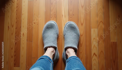 A man is standing in knitted slippers on a parquet floor, looking down.