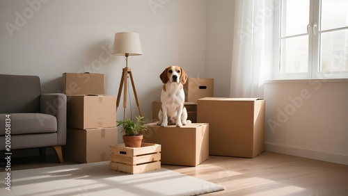Cute Beagle Dog Sitting on Cardboard Boxes in a Room Ready for Moving Day.