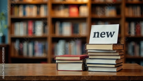 There are piles of books on the table in the library. A white sheet of paper with an inscription, new books.
