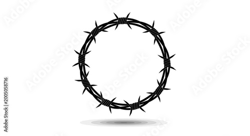 Barbed wire circle, thorn wreath, metal prickly ring, black vector icon