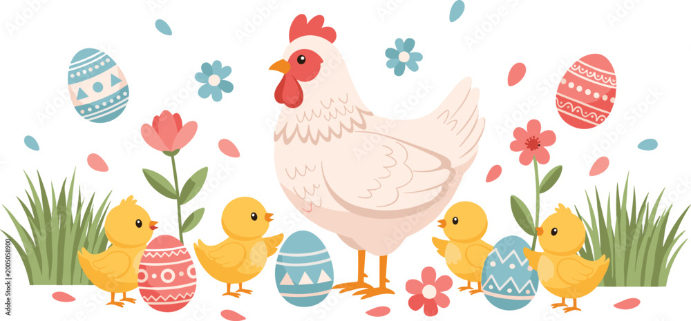 Obraz premium Happy Easter holiday background with cute cartoon hen baby chicks colorful painted eggs and spring flowers vector illustration for greeting card.