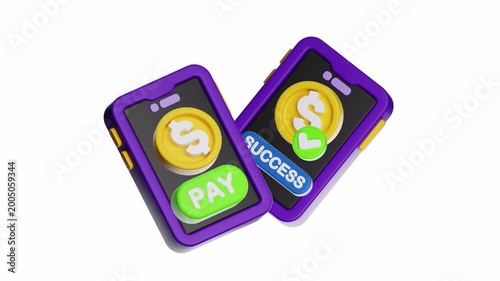 3d looping ui icon two purple phones with dollar signs display successful mobile payments. Suitable for financial or digital payment concepts in business.