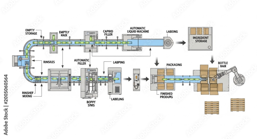 Εκτύπωση καμβά Automated Packaging Line Diagram With Robotic Arm.