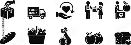 Charity Food Bank Icon Set for Humanitarian Aid and Community Support Service