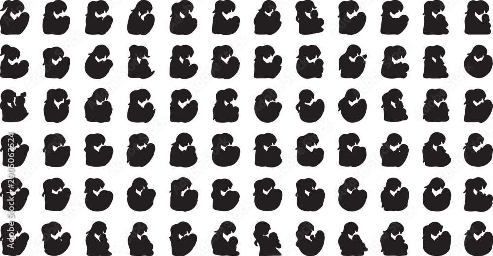Fototapeta premium Assorted mother and baby silhouette icons set with silhouette parenting maternity nurturing collection illustration isolated motherhood maternal attachment minimalist creative