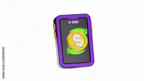 3d looping ui icon purple smartphone showcases a gold coin with a dollar sign, ideal for financial apps, business concepts, money management designs, and banking.
