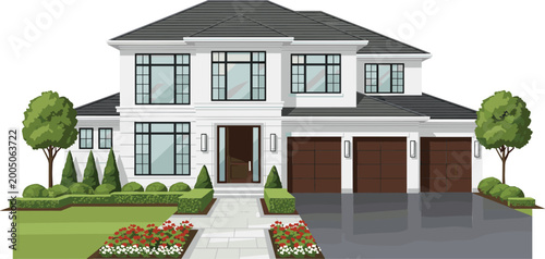 Billede på lærred Modern luxury two story residential house exterior with large windows three car garage and beautiful front yard landscape garden vector illustration