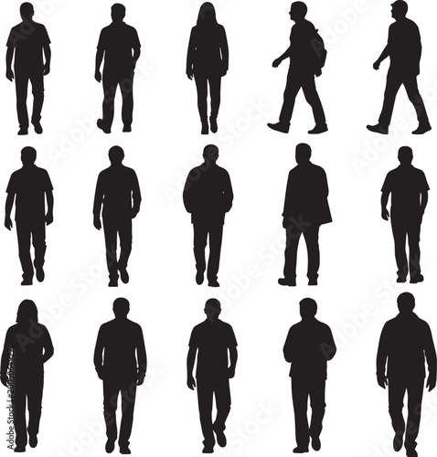 Casual people walking silhouettes collection of men and women in everyday clothes for architectural visualization and scenes.