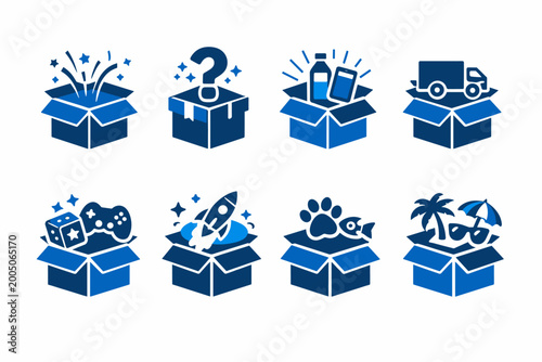 Subscription Box Icon Set Featuring Blue Unboxing Mystery Gifts, New Product Delivery, Gaming, Pets, Travel, and Tech Themes. Flat Vector Illustrations for E-commerce and Monthly Surprise Services.