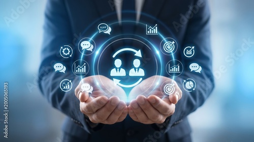 Change Management Strategy Concept with Business Professional Presenting Digital Team Interface and Organizational Transformation.