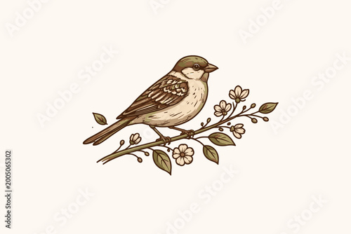 Elegant Vintage Sparrow Vector Illustration Perched on a Flowering Tree Branch with Delicate Blossoms and Leaves, Ideal for Organic Branding, Nature-Inspired Logo Design, and Rustic Art Decor.