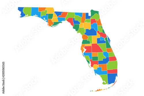 Florida State Map with Counties, Colorful Flat Vector Illustration of the USA State of Florida Divided into Administrative Districts and County Borders on White Background for Graphic Design.
