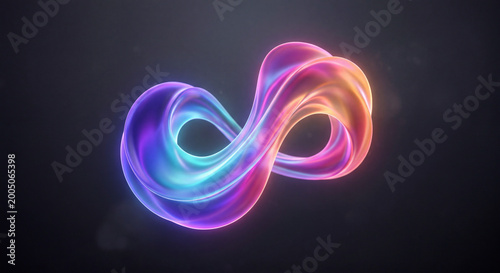 Abstract infinity symbol made of vibrant glowing liquid with iridescent blue, pink and orange colors.