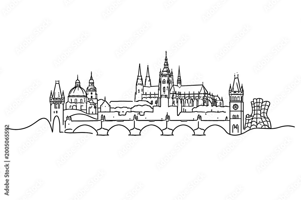 Fototapeta premium Elegant single-stroke graphic of a historic European riverfront skyline, featuring a medieval stone bridge, hilltop palace, and avant-garde architectural landmarks in a modern ink style.