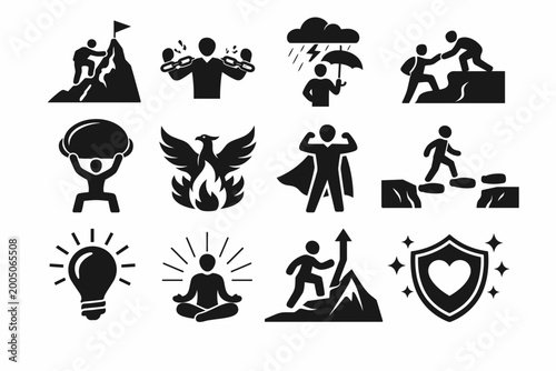 Symbolic emblem group representing fortitude, self-improvement, psychological well-being, and triumph over obstacles for motivational messaging and emotional wellness literature.