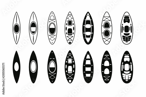 Set of Various Kayak Icons in Outline and Silhouette Styles Featuring Different Boat Types from a Top-Down View for Outdoor Adventure, Water Sports, Fishing, and Recreational Paddling Graphics.