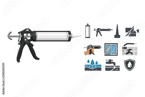 Professional skeleton sealant gun for caulks cartridge mockup with set of icons for construction, home repair, and waterproofing. Vector illustration of caulking tool isolated on white background.