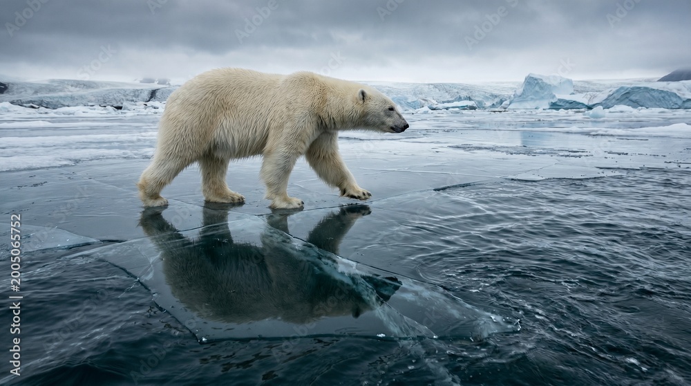 Fototapeta premium Polar bear walking on reflective ice with dramatic sky
