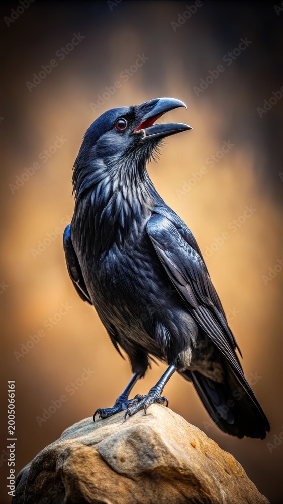 Fototapeta premium A photo of a black raven with an open beak sitting on a stone
