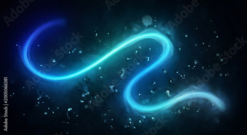 Blue and light blue glowing ribbon twists and turns in dark space with scattered light particles.