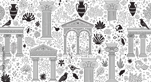 Intricate black and white pattern of ancient greek architecture includes columns, temples, amphorae, and wild birds.
