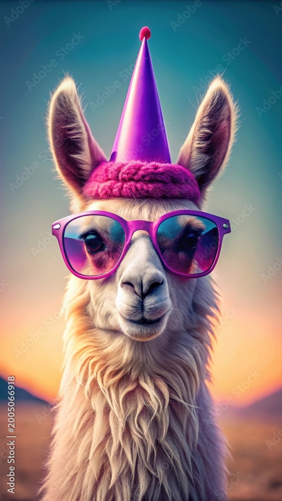 Obraz premium A photo of a cheerful pink llama wearing purple sunglasses and a birthday cap on a pastel background