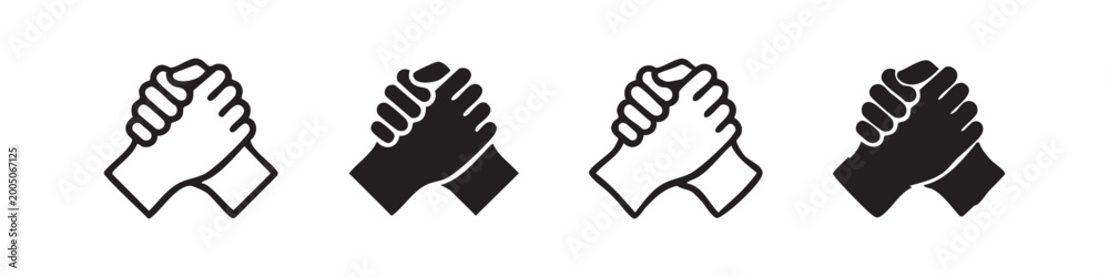 Obraz premium Clasped Hands and Unity Icons Set, Strength and Partnership Vector Symbols, Arm Wrestling and Teamwork Elements Collection