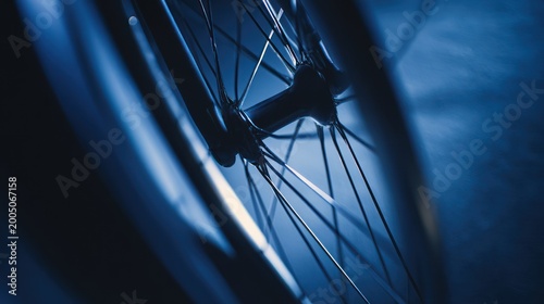 Close up of bicycle wheel spokes and hub in moody blue lighting, artistic composition