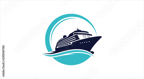 Tableau sur toile Modern Cruise Ship Sailing Through Blue Waves Under a Teal Circle
