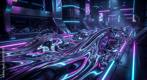 Abstract liquid metal waves with neon reflections flowing through a futuristic industrial corridor.
