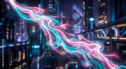 Dynamic glowing pink and blue energy stream through a futuristic city night scene with tall buildings.