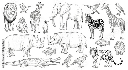 Canvas Print Collection of African Wildlife Animals Hand Drawn Sketch Style.
