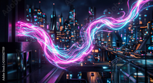 Futuristic cyberpunk city with glowing energy streams over buildings at night.