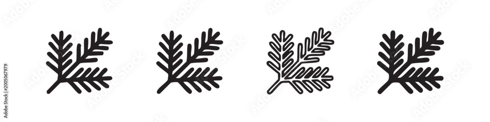 Fototapeta premium Pine branch conifer icon set, evergreen tree foliage symbols in outline, solid, and hand-drawn doodle styles for nature