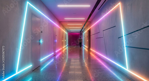 Modern hotel hallway with vibrant neon lights and geometric shapes, interior design.
