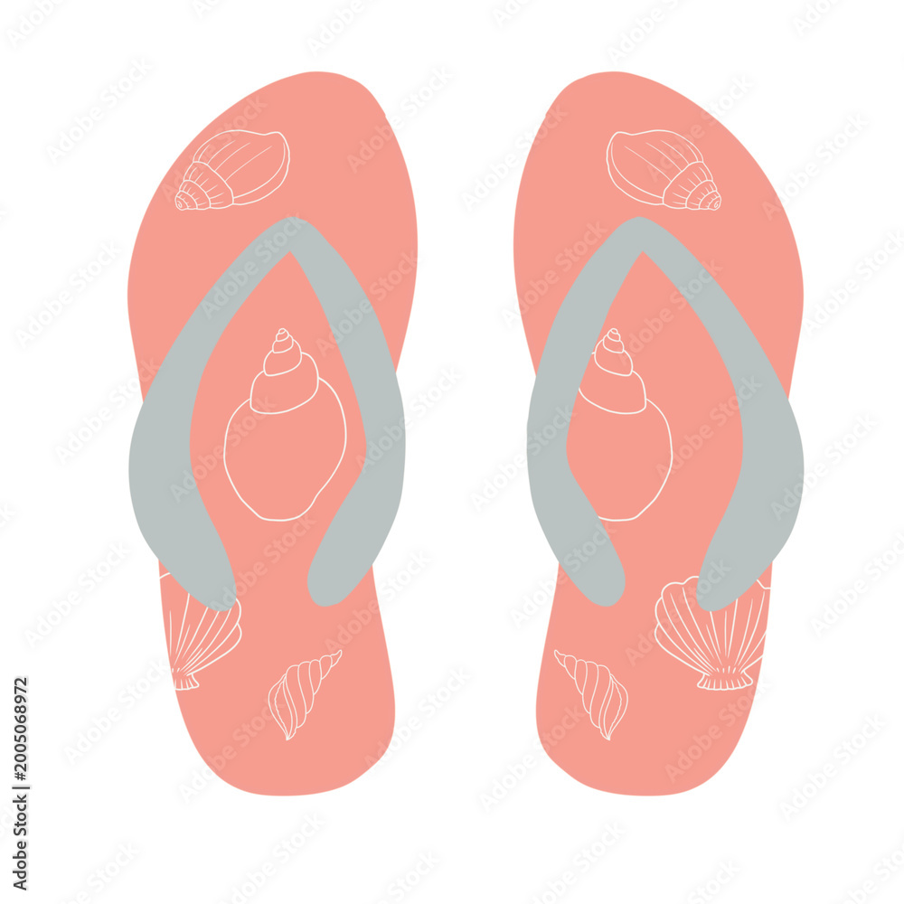 Fototapeta premium Coral flip flops with seashell pattern, summer beach footwear with grey straps