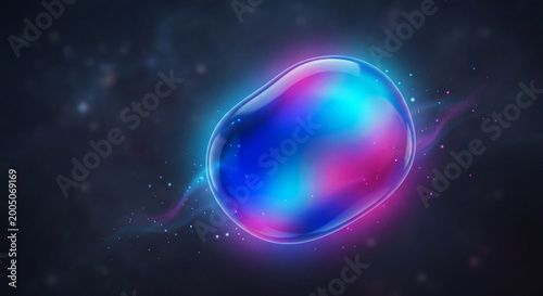 Abstract translucent organic shape with glowing blue and pink neon lights in dark space background.