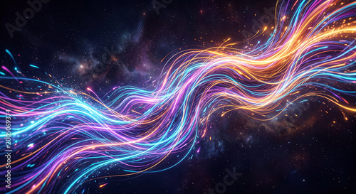 Abstract neon light trails and sparkling particles flow through a dark cosmic expanse.