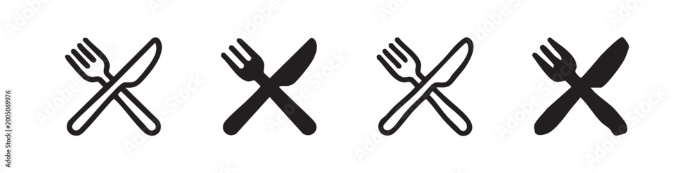 Obraz premium Set of four crossed knife and fork icons: outline, solid, sketch, and distressed