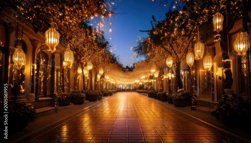 Magical Evening Street Scene with Lanterns and Twinkling Lights.