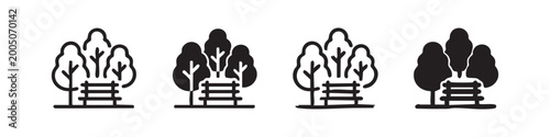 Schilderij op canvas Park landscape icon set with trees and a bench in different styles, representing nature and relaxation