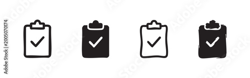 Hand-drawn clipboard with checkmark icon set in different styles, representing task completion and checklist.