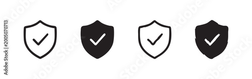 Hand drawn shield with checkmark icon set. Security, protection, and verified symbols in doodle style.