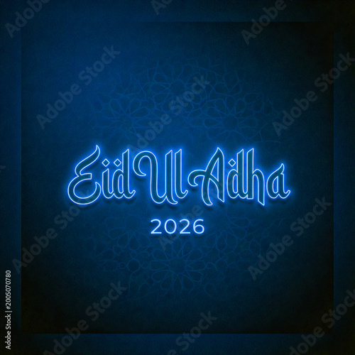 Islamic Festival Greeting Card with Blue Neon Glowing Text on Dark Blue Background