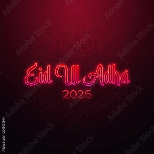 Glowing Red Neon Islamic Celebration Poster with Dark Mandala Pattern Background