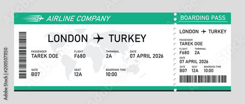 Modern airline boarding pass for london to turkey flight, turquoise and white flight ticket